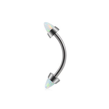 Spike wenkbrauwpiercing met opaal wit blauw paars titanium gebogen barbell