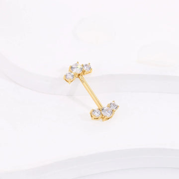 Barra de pezón de oro de 14k con lindo piercing de pezón de oro real con circonita cúbica de 3 diamantes