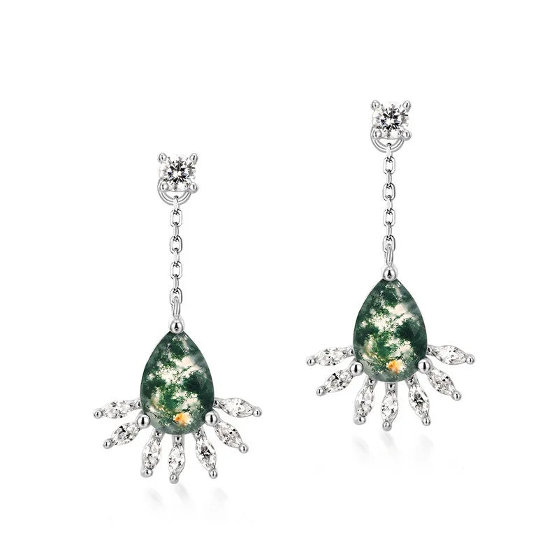 Boucles d’oreilles en forme de larme d’agate verte avec boucles d’oreilles longues en agate mousse