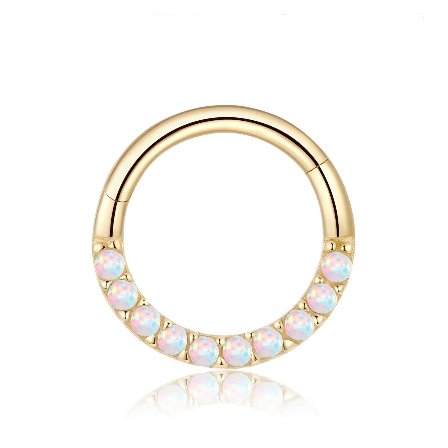 Opal nose piercing 14K gold opal hoop earring hinged segment clicker septum ring daith piercing Ashley Piercing Jewelry
