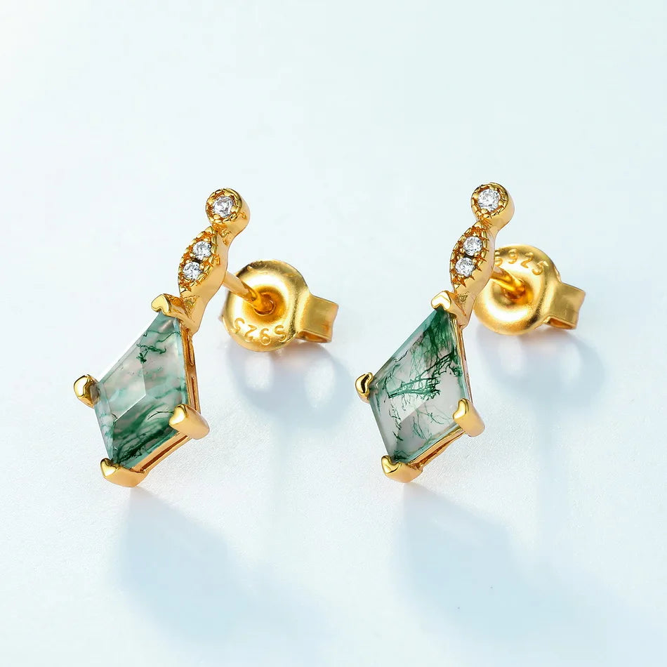 Boucles d'oreilles pendantes en agate verte avec agate mousse verte naturelle en or