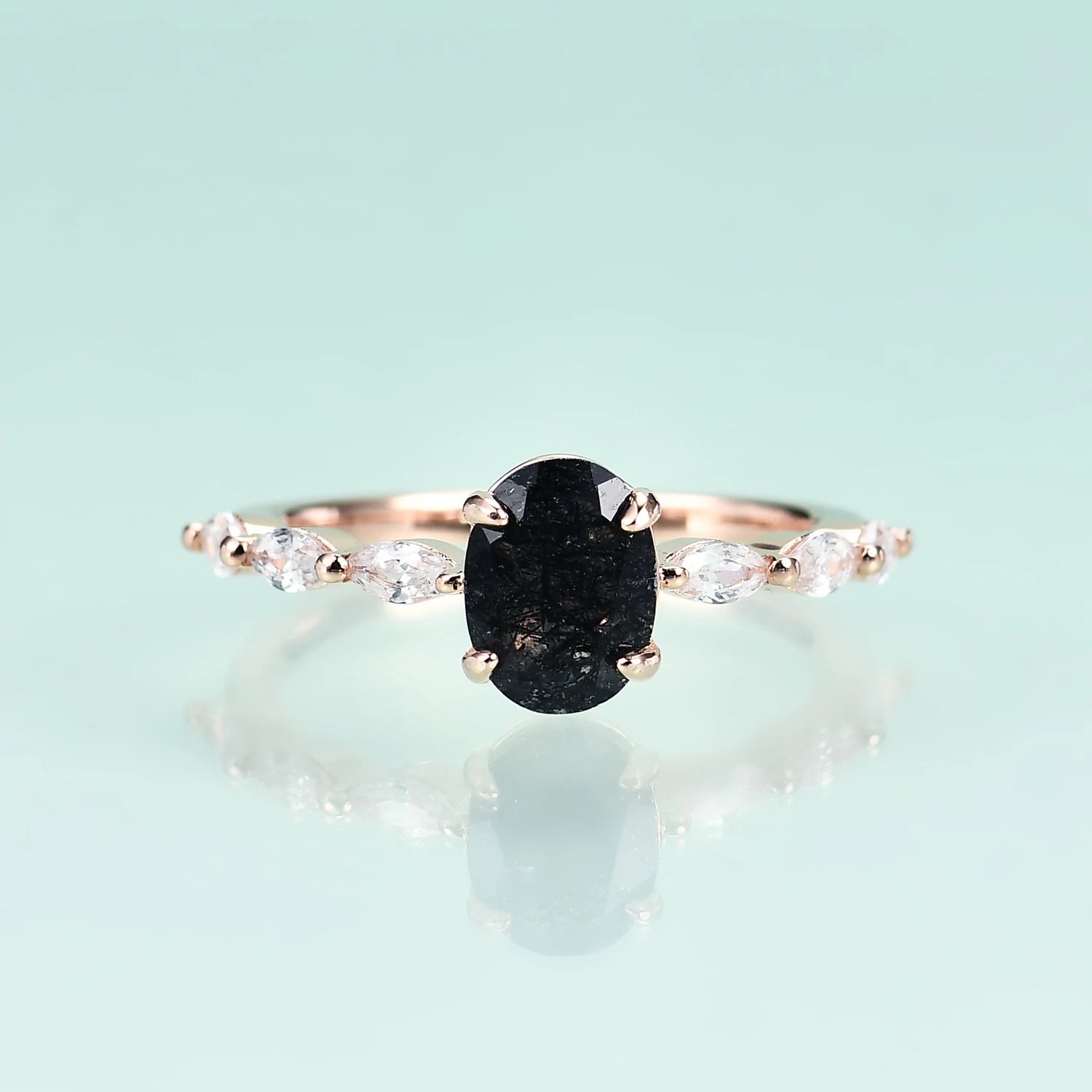 Vintage style black rutilated quartz engagement ring oval cut unique and cheap rose gold