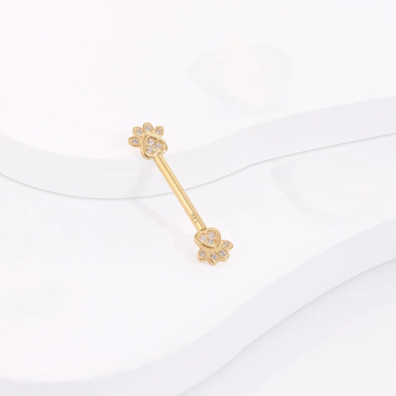 Divertente anello per capezzoli con zampe. Graziosa barra per piercing al capezzolo in oro massiccio 14K