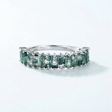 Anello baguette in agata muschiosa, anello mezza eternità, anello in argento sterling con pietre preziose uniche