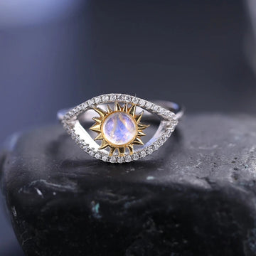 Evil eye ring with a natural moonstone unique adjustable ring