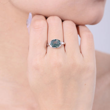 Anillo de ágata de musgo vintage, anillo de compromiso de ágata de musgo verde de piedra grande, plata para mujer