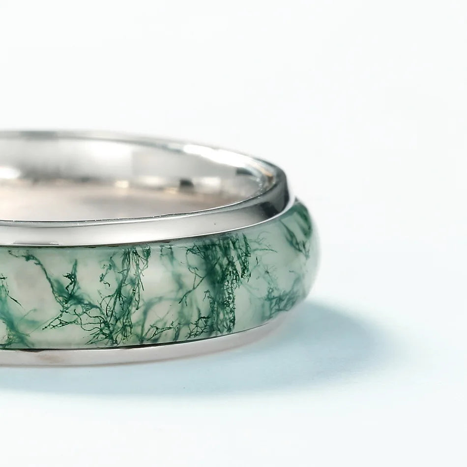 Moss agate band ring vintage style for men and for women Rosery Poetry