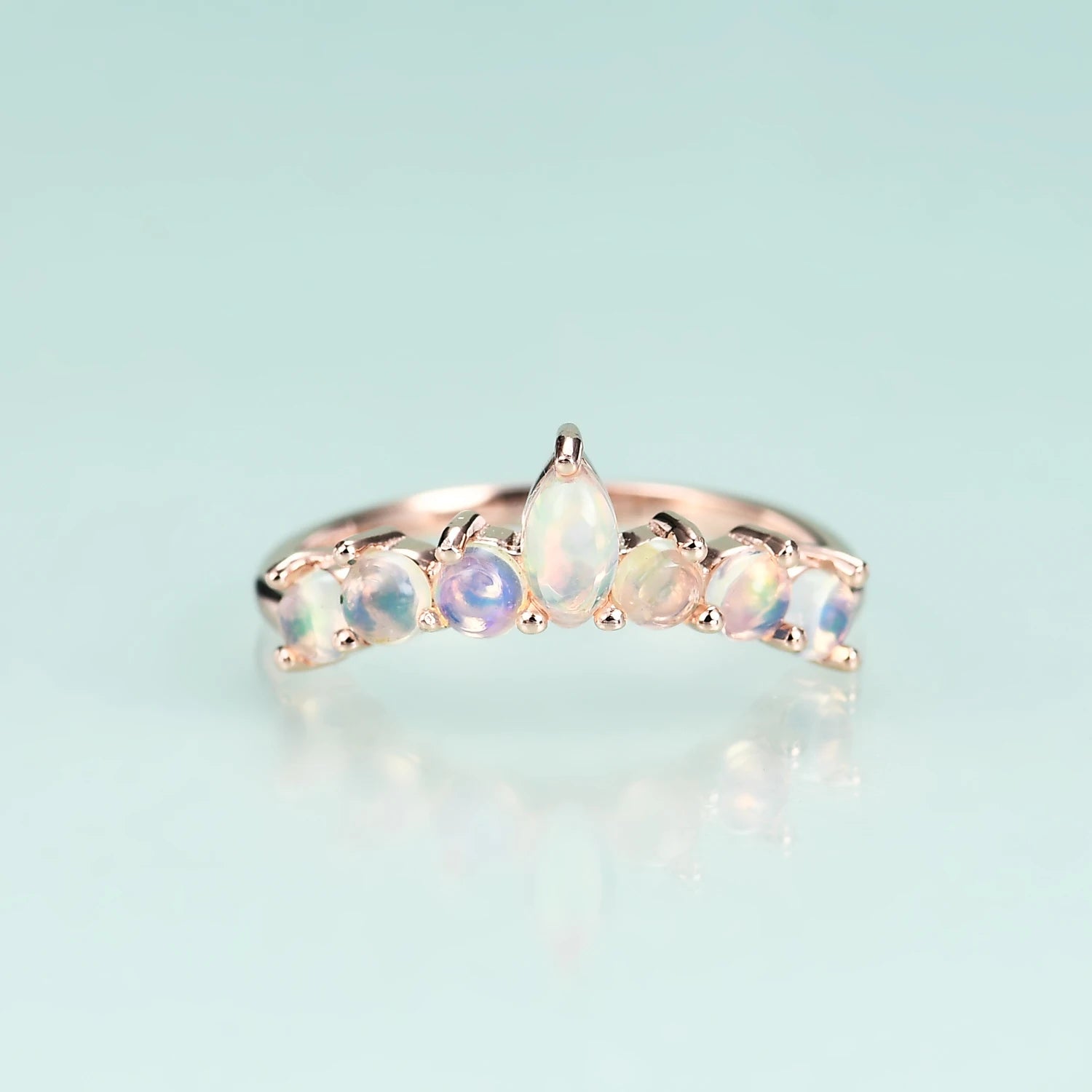 Opal wedding ring in a crown shape semi-eternity opal ring for women for men