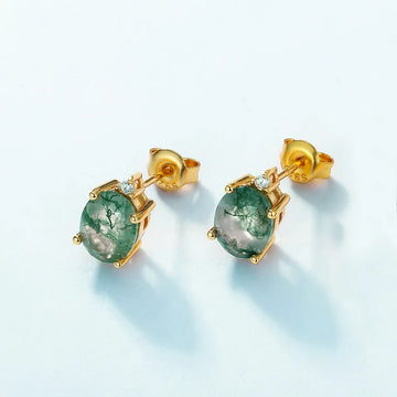 Green moss agate stud earrings gold with oval-shaped moss agate and clear cz stones