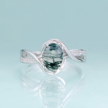 Anel de noivado de ágata musgo e diamante Anel de noivado oval de prata esterlina de ágata musgo