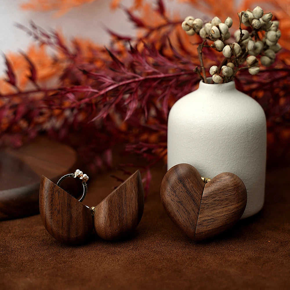 Heart-shaped ring box walnut wood engagement ring box proposal ring box