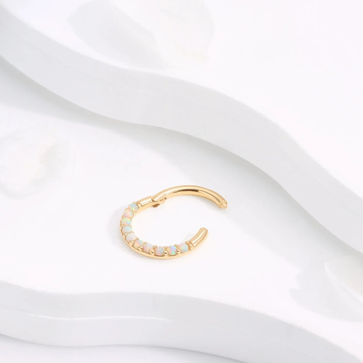Opal nose piercing 14K gold opal hoop earring hinged segment clicker septum ring daith piercing Ashley Piercing Jewelry