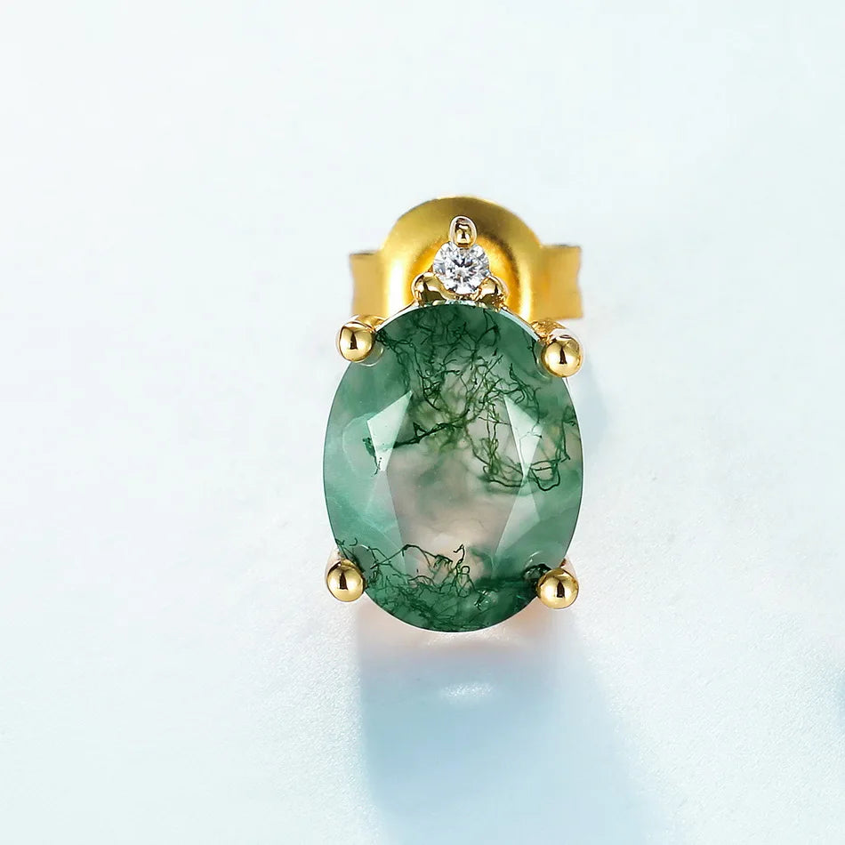 Green moss agate stud earrings gold with oval-shaped moss agate and clear cz stones