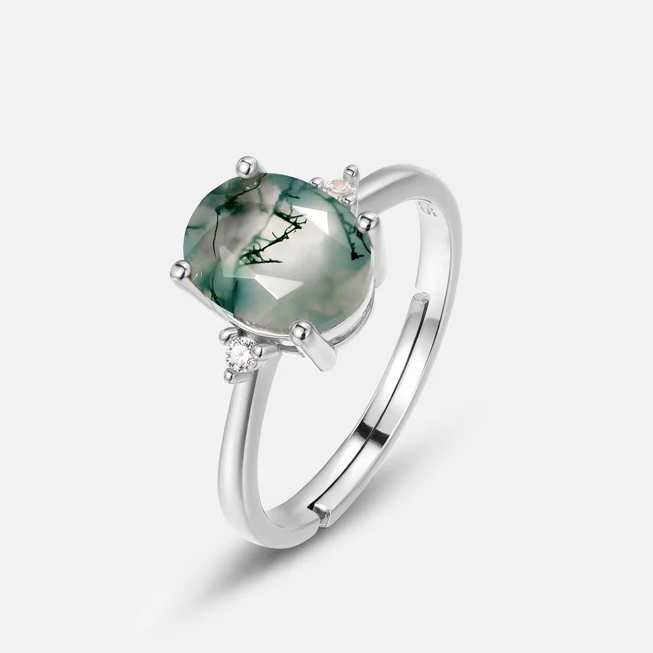 Oval moss agate engagement ring gold and silver with CZ stones green moss agate Rosery Poetry