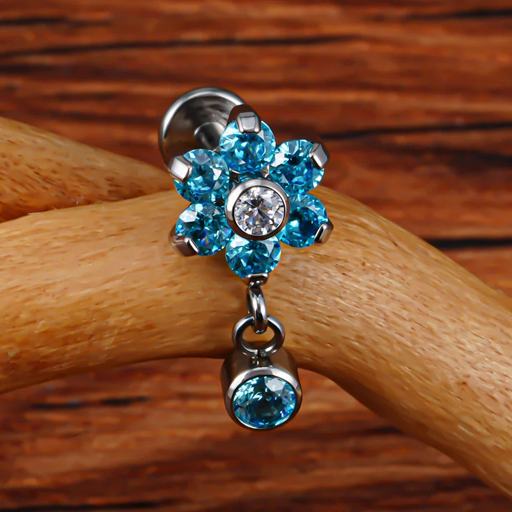 Blumen-Helix-Ohrring mit klarem blau-lila CZ-Titan-Ohrhänger, 16G-Muschelpiercing