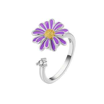 Flower spinner ring white purple sterling silver anxiety ring