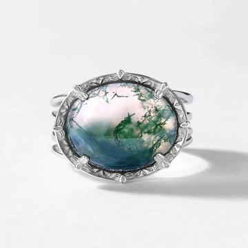 Large moss agate ring sterling silver open ring for women and for men vintage style