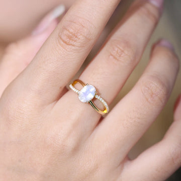 Anel vitoriano de pedra da lua com duas camadas e anel de ouro com zircónia cúbica para mulheres