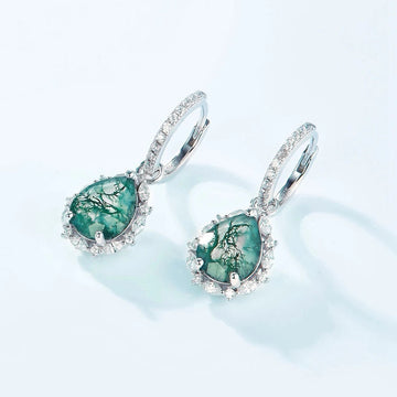 Moss agate dangle earrings with pear-shaped moss agate and clear cz stones