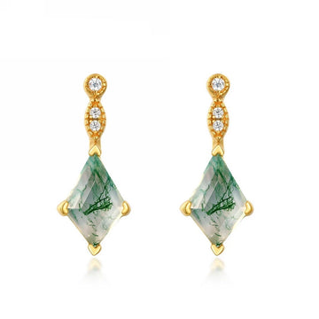 Green agate drop earrings with natural green moss agate in gold