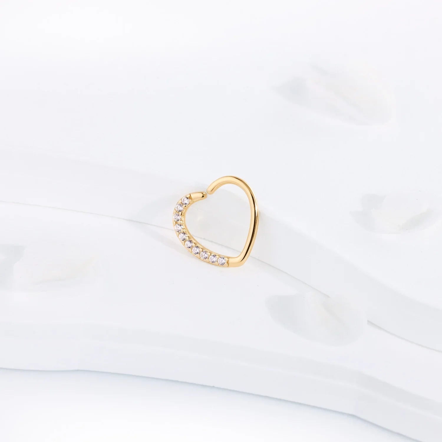 14k gold heart ring with diamonds daith earring with clear CZ stones solid gold Ashley Piercing Jewelry