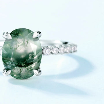 Anello in cristallo di agata muschiosa, argento sterling taglio ovale, agata muschiosa verde naturale