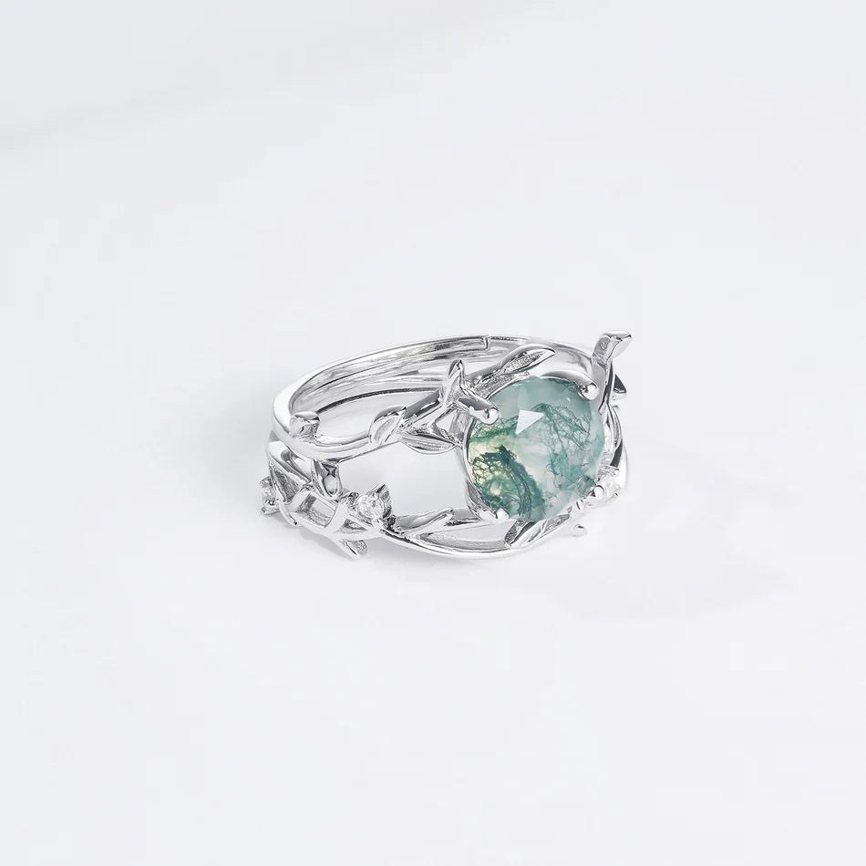 Moss agate leaf ring set wedding ring set sterling silver Rosery Poetry