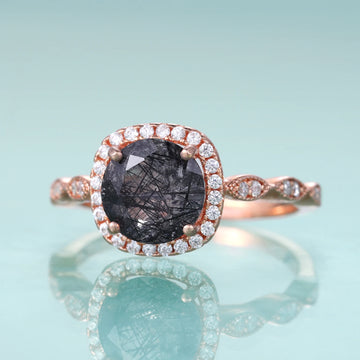 Black rutilated quartz ring Art Deco round cut cocktail ring halo engagement ring