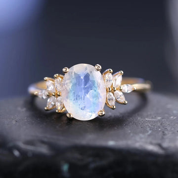 Moonstone wedding ring with a real moon stone and diamond cz