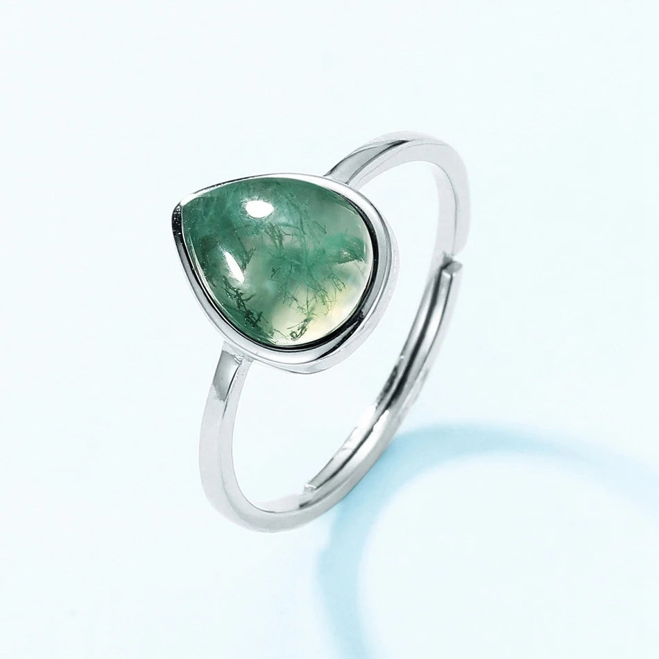 Moss agate pear-shaped ring a simple and dainty bezel ring adjustable size sterling silver Rosery Poetry