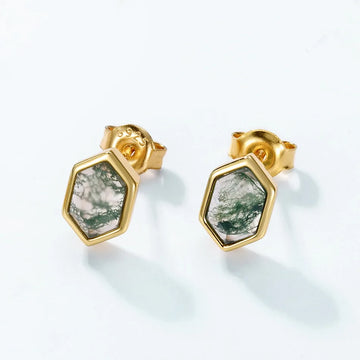 Gold moss agate stud earrings with hexagon moss agate stones