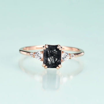 Aliança de casamento de quartzo rutilado preto Anel de noivado exclusivo retangular em ouro rosa 14k