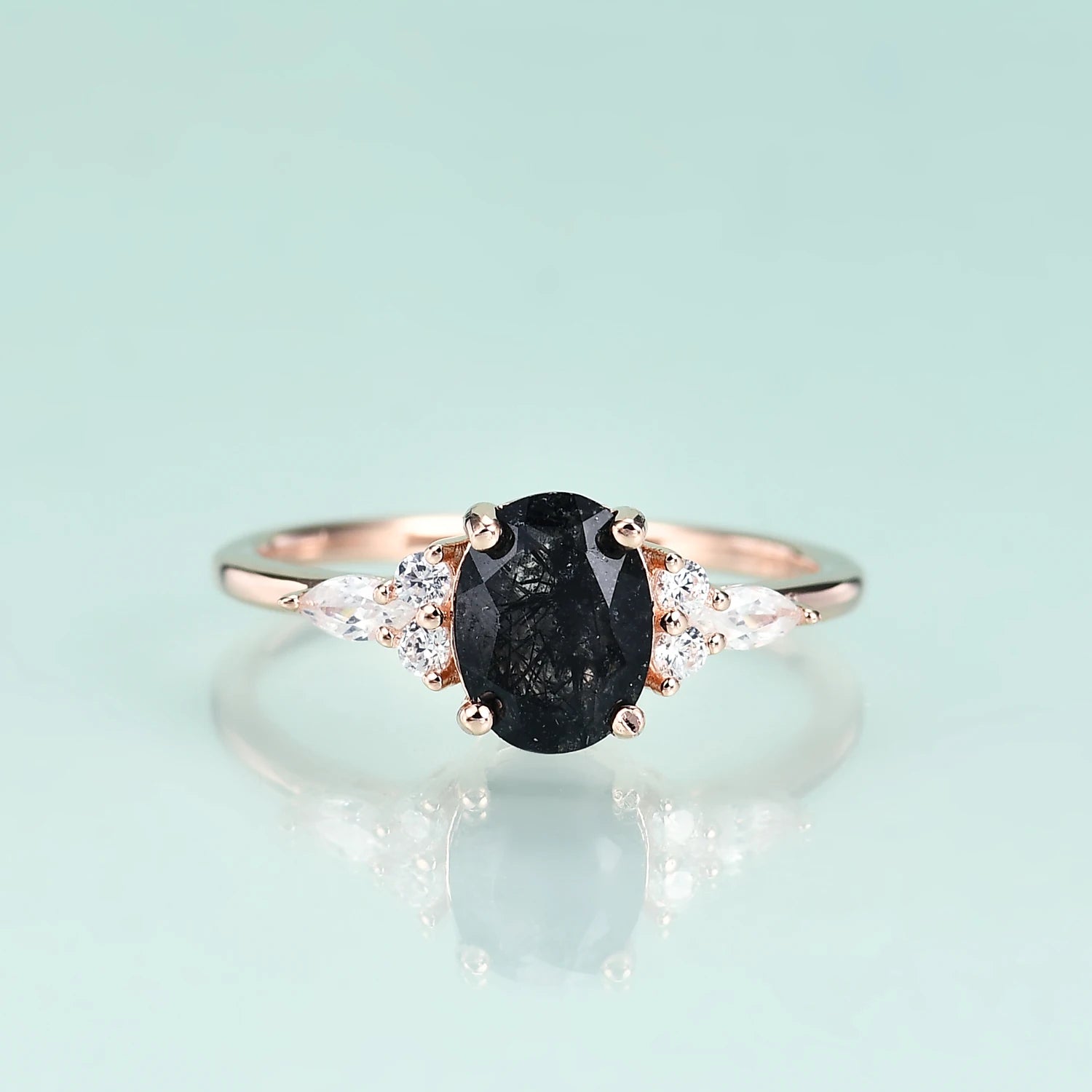 Black rutilated quartz promise ring 14K rose gold antique looking gothic engagement ring