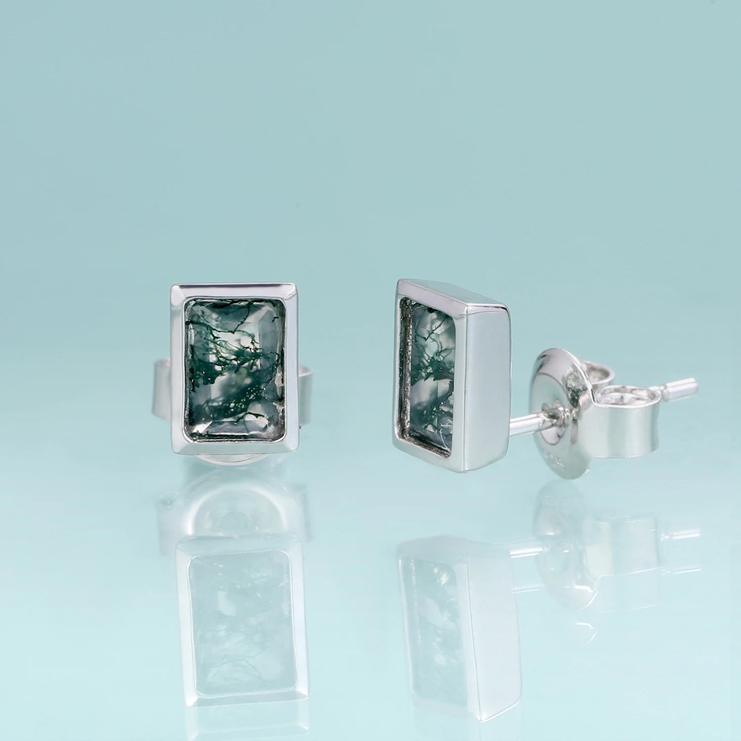 Moss agate earring studs with rectangle moss agate natural green moss agate