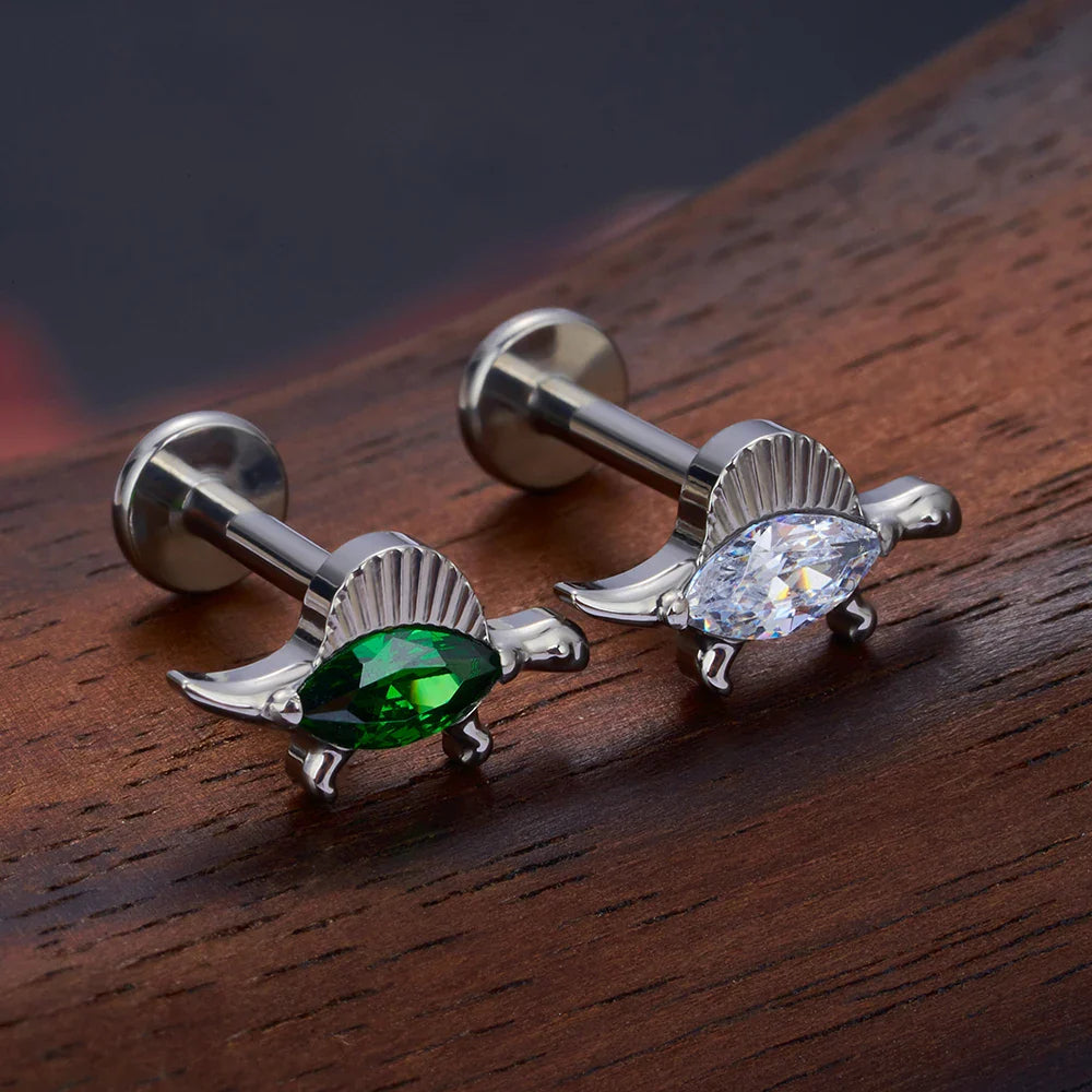 Dinosaur nose stud titanium stud with a clear green gemstone cute nose stud