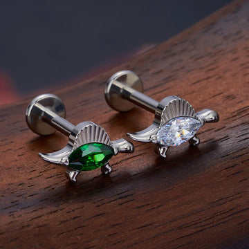 Dinosaur nose stud titanium stud with a clear green gemstone cute nose stud