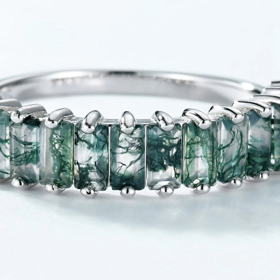 Moss agate baguette ring half eternity ring sterling silver unique gemstone ring Rosery Poetry