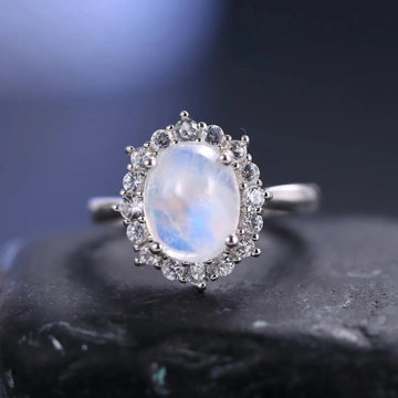 Moonstone engagement ring in gold and silver vintage style with diamond cz