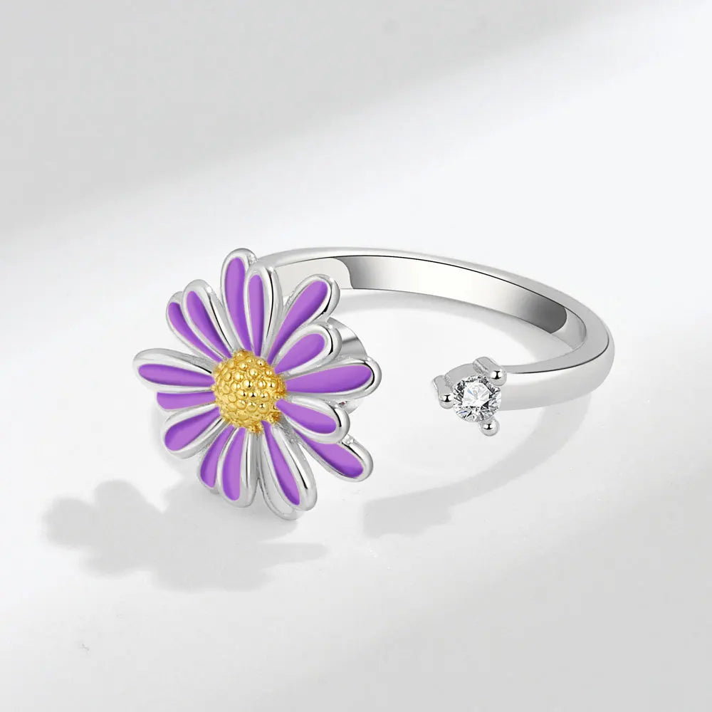 Flower spinner ring white purple sterling silver anxiety ring Rosery Poetry