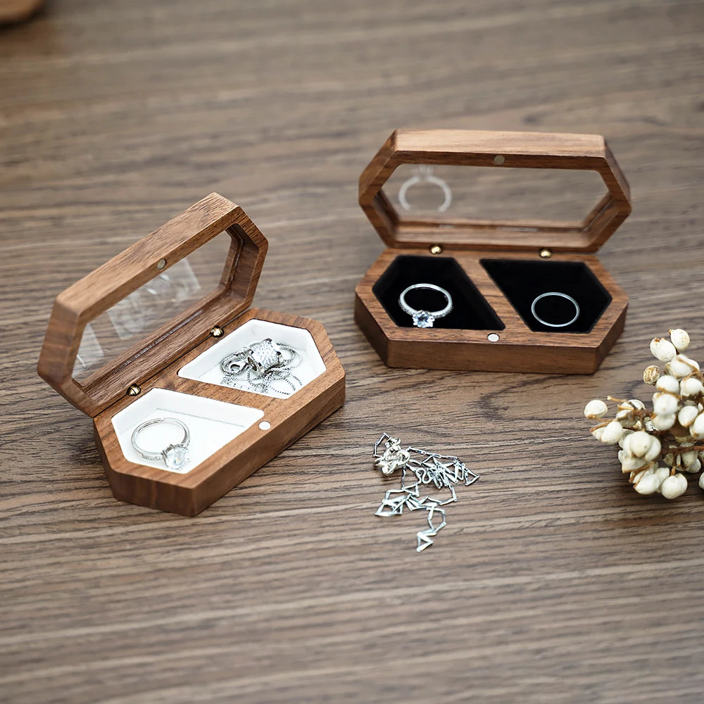 Custom engagement ring box made of walnut wood transparent ring holder