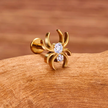 Spider stud earring with clear diamond cz in gold titanium spider nose stud