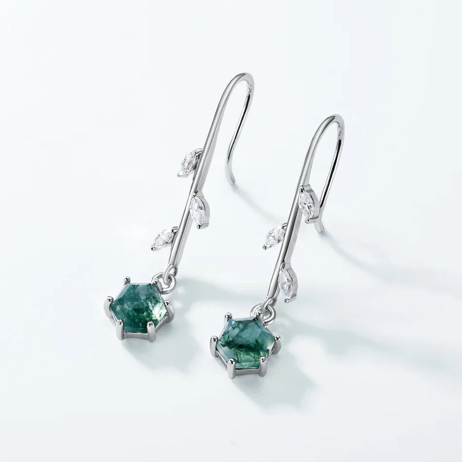 Moss agate long drop earrings silver with clear cz stones