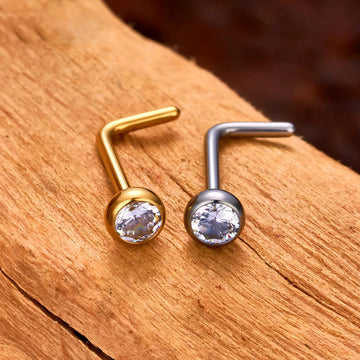 20 gauge L shaped nose ring with a round CZ stone titanium nose stud silver and gold Ashley Piercing Jewelry