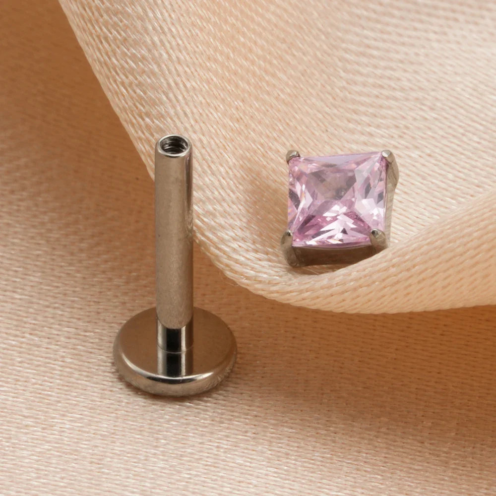 Pink diamond stud earring blue green purple clear square diamond earring titanium 16G flat back Ashley Piercing Jewelry