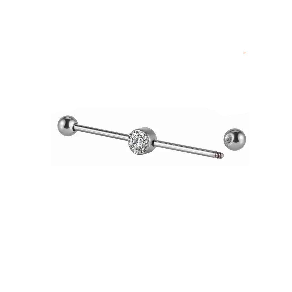 Cool industrial piercing with a clear diamond titanium industrial barbell 14G 38mm pink green blue silver Ashley Piercing Jewelry