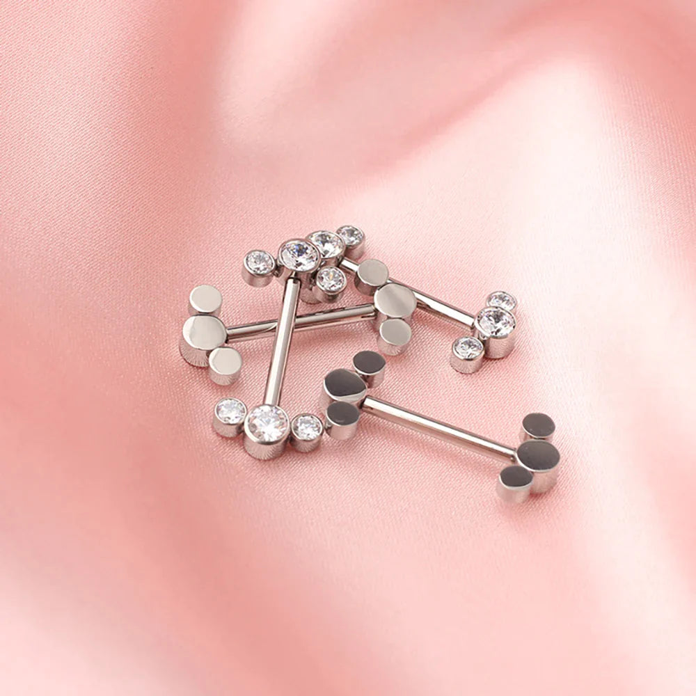 Diamond nipple bar titanium 14G internally threaded 14mm 16 mm 3 CZ stones 1 piece Ashley Piercing Jewelry