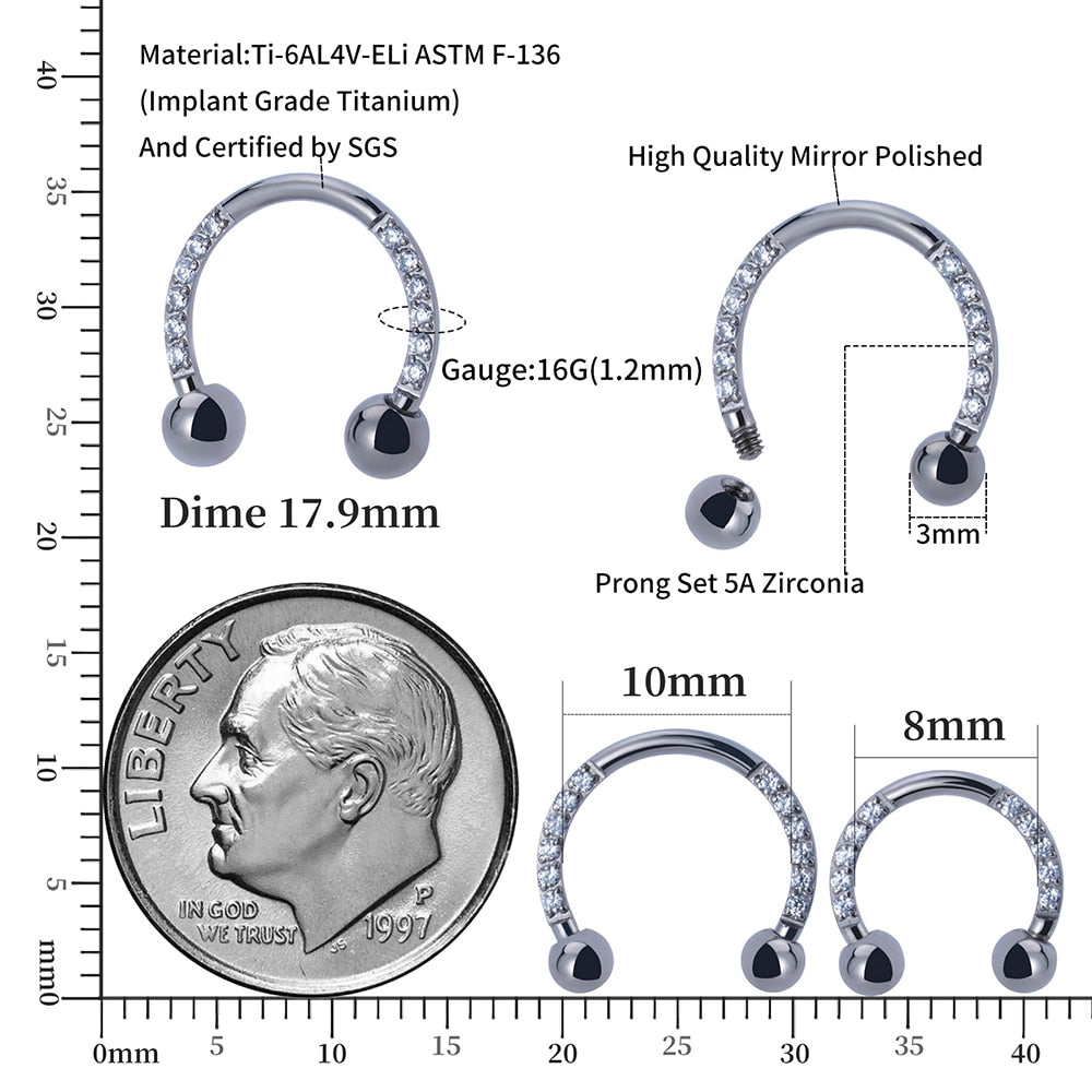 Horseshoe septum ring with CZ titanium 16G - Main Image