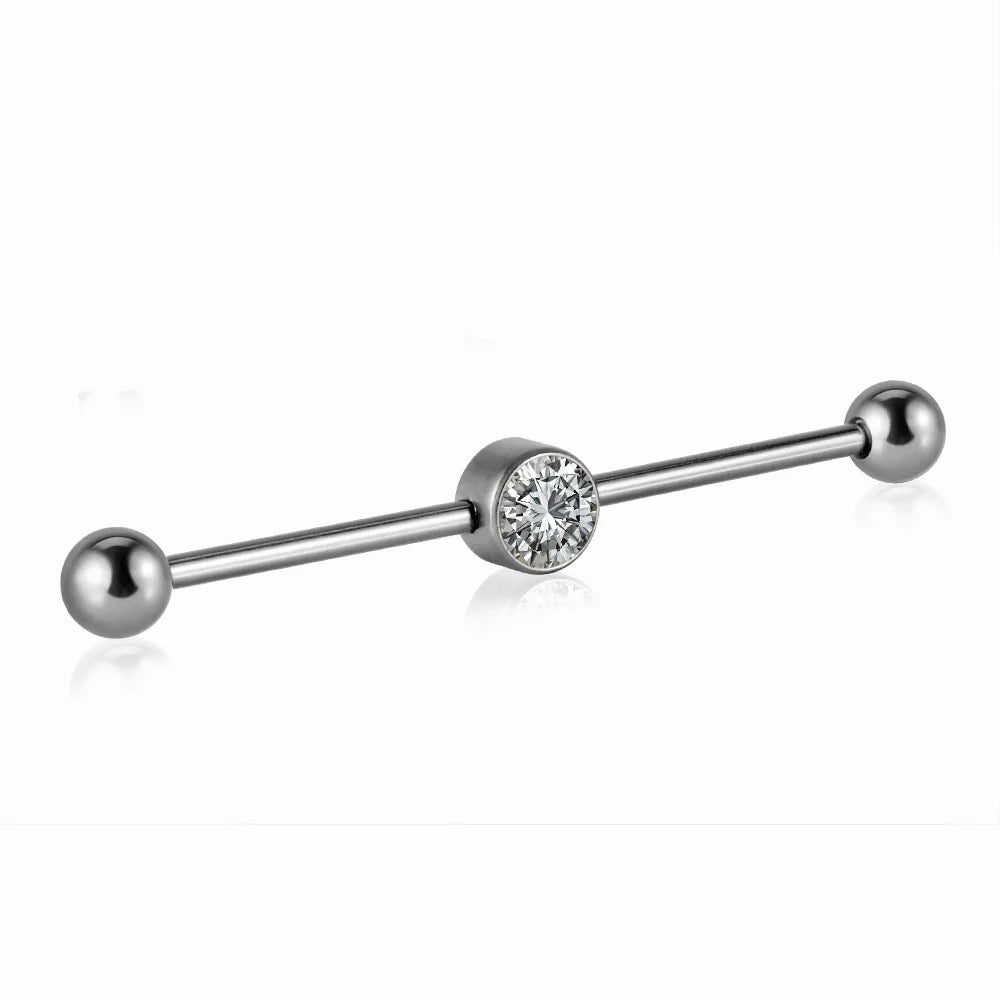Cool industrial piercing with a clear diamond titanium industrial barbell 14G 38mm pink green blue silver Ashley Piercing Jewelry