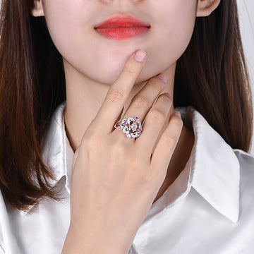 Anel Zultanite grande anel de coquetel rosa e laranja prata esterlina 925