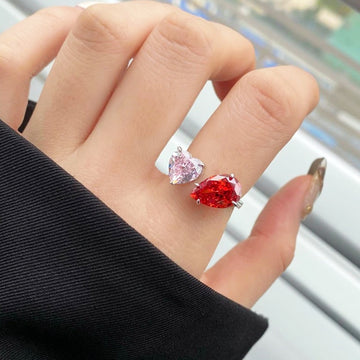 Heart-shaped toi et moi ring pink and red resizable Rosery Poetry